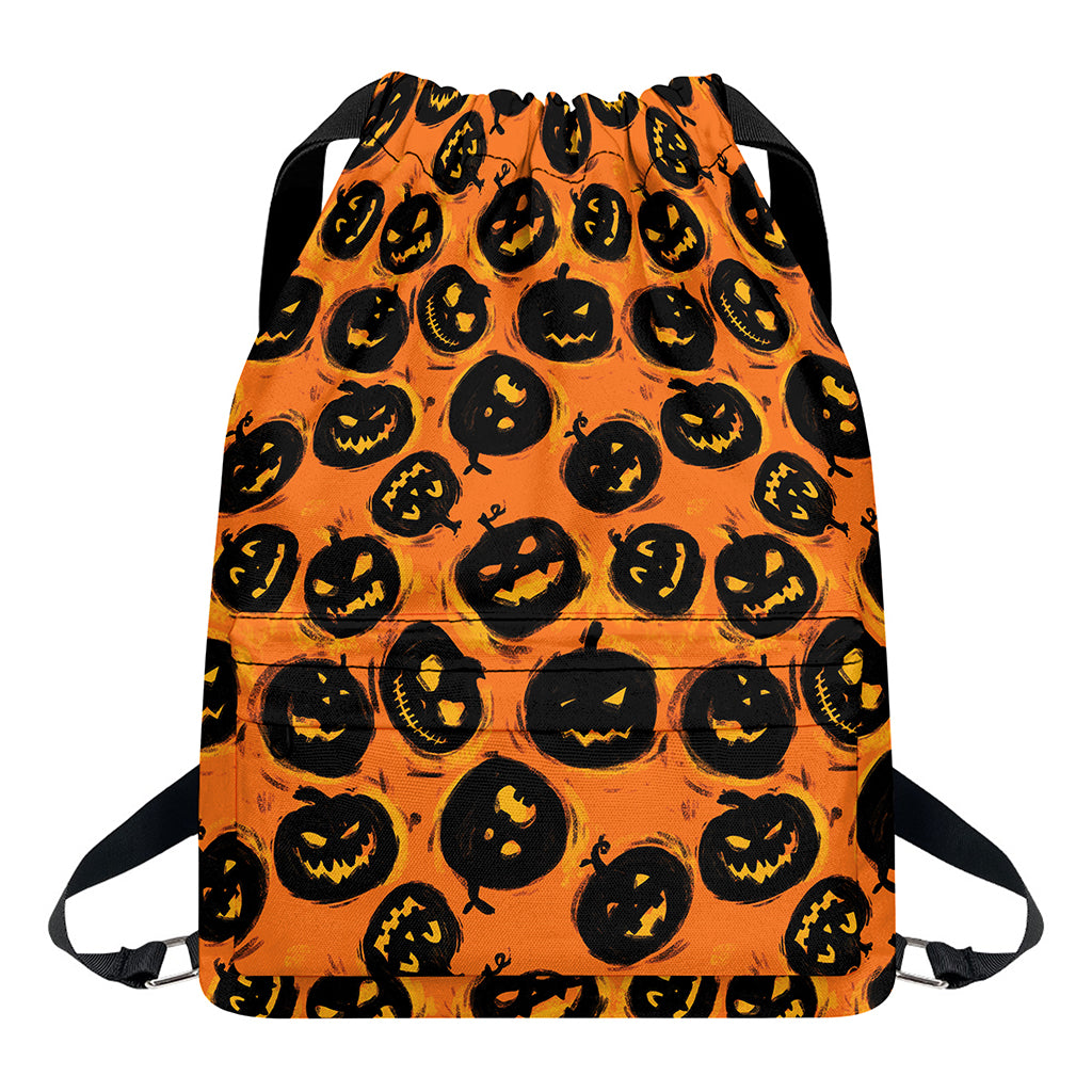 Black Halloween Pumpkin Pattern Print Drawstring Backpack