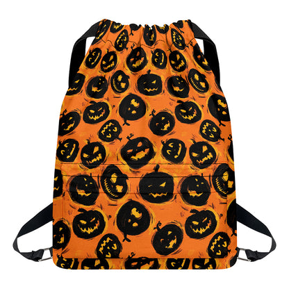 Black Halloween Pumpkin Pattern Print Drawstring Backpack