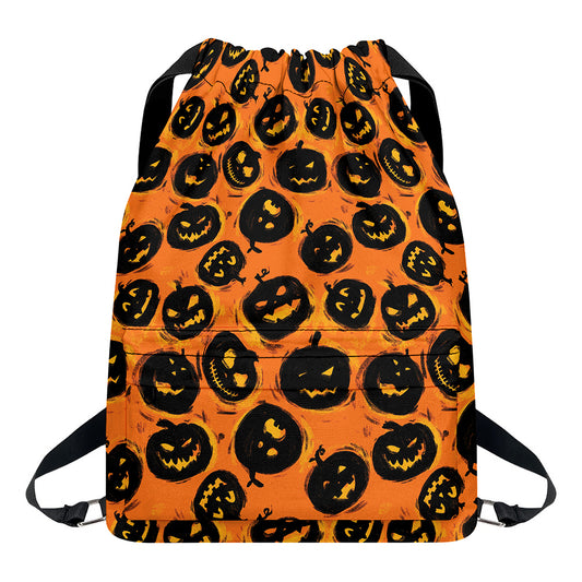 Black Halloween Pumpkin Pattern Print Drawstring Backpack