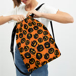 Black Halloween Pumpkin Pattern Print Drawstring Backpack