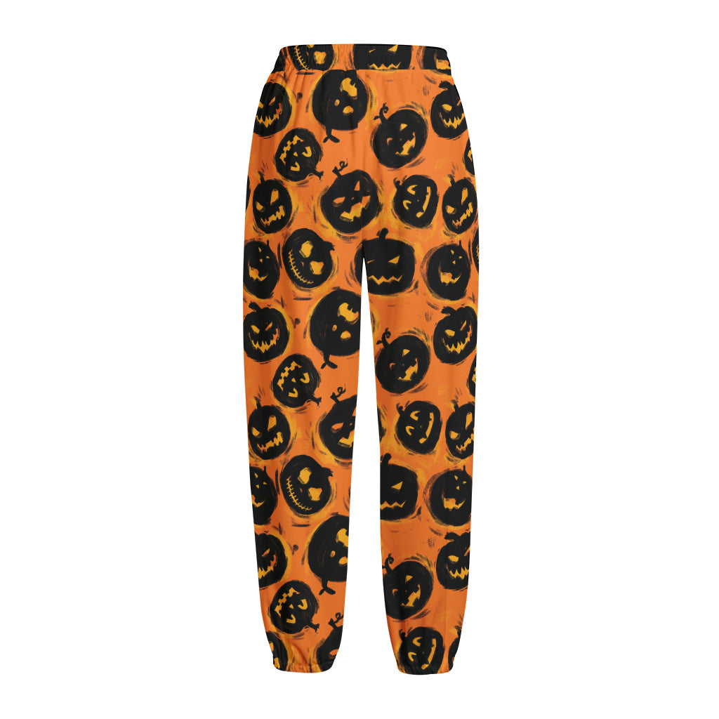 Black Halloween Pumpkin Pattern Print Fleece Lined Knit Pants