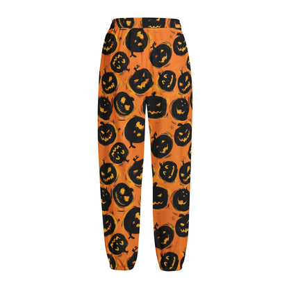 Black Halloween Pumpkin Pattern Print Fleece Lined Knit Pants