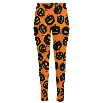 Black Halloween Pumpkin Pattern Print High-Waisted Pocket Leggings