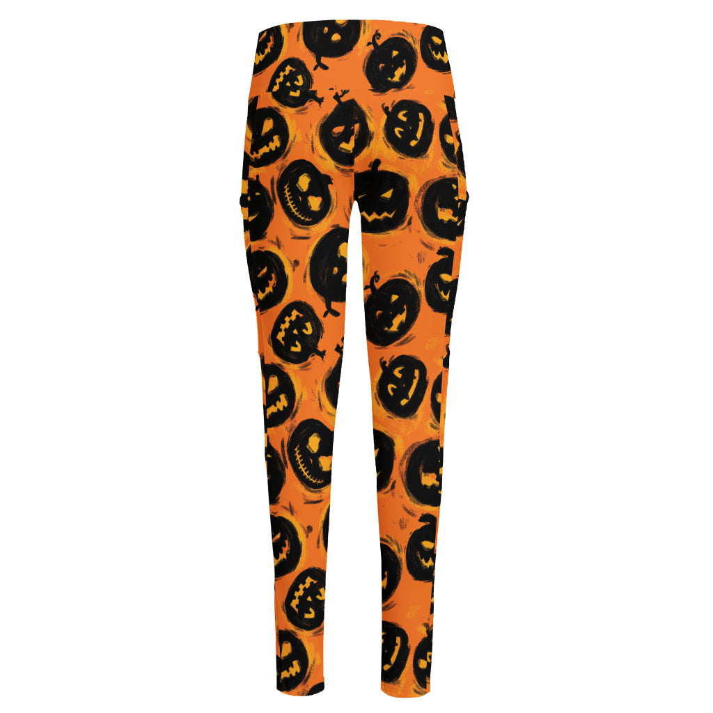 Black Halloween Pumpkin Pattern Print High-Waisted Pocket Leggings