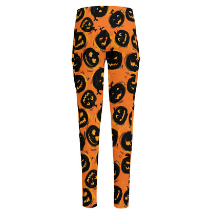 Black Halloween Pumpkin Pattern Print High-Waisted Pocket Leggings