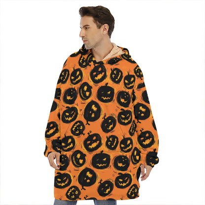 Black Halloween Pumpkin Pattern Print Hoodie Blanket