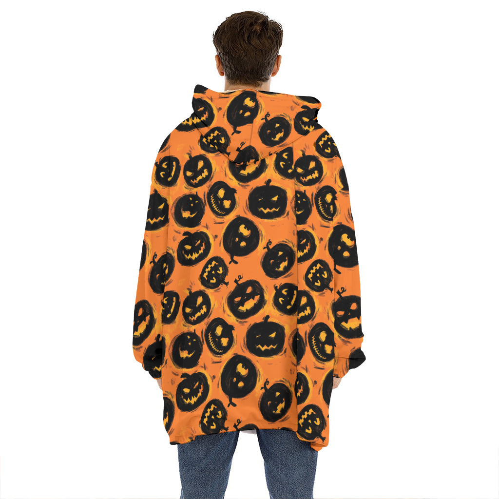 Black Halloween Pumpkin Pattern Print Hoodie Blanket