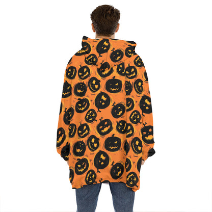 Black Halloween Pumpkin Pattern Print Hoodie Blanket