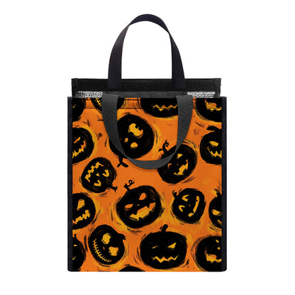 Black Halloween Pumpkin Pattern Print Insulated Lunch Tote