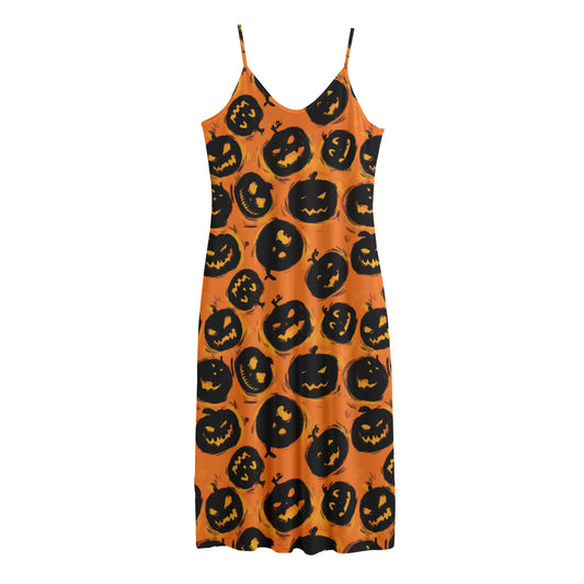 Black Halloween Pumpkin Pattern Print Jersey Midi Cami Dress