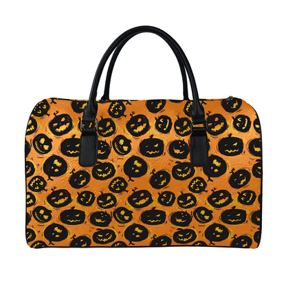 Black Halloween Pumpkin Pattern Print Leather Duffle Bag