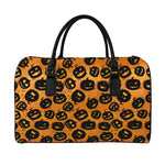 Black Halloween Pumpkin Pattern Print Leather Duffle Bag