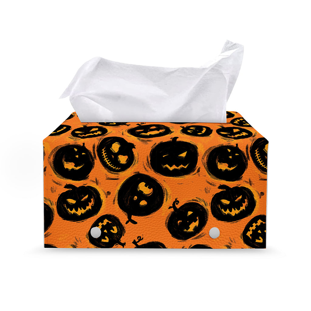 Black Halloween Pumpkin Pattern Print Leather Tissue Box Cover