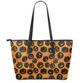 Black Halloween Pumpkin Pattern Print Leather Tote Bag With Zipper