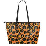 Black Halloween Pumpkin Pattern Print Leather Tote Bag