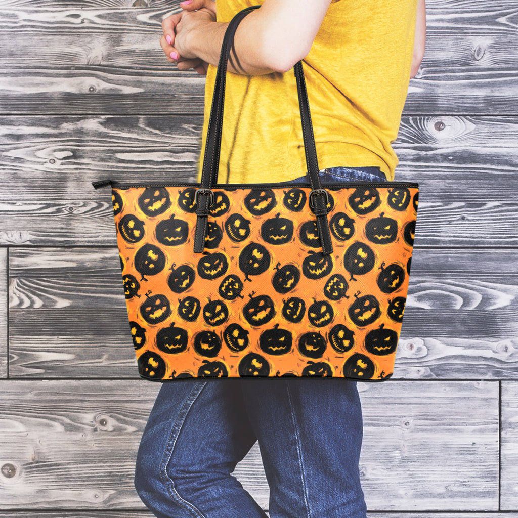 Black Halloween Pumpkin Pattern Print Leather Tote Bag