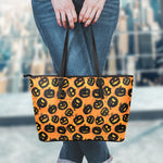 Black Halloween Pumpkin Pattern Print Leather Tote Bag