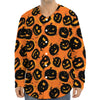 Black Halloween Pumpkin Pattern Print Long Sleeve Baseball Jersey