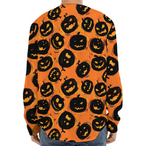 Black Halloween Pumpkin Pattern Print Long Sleeve Baseball Jersey