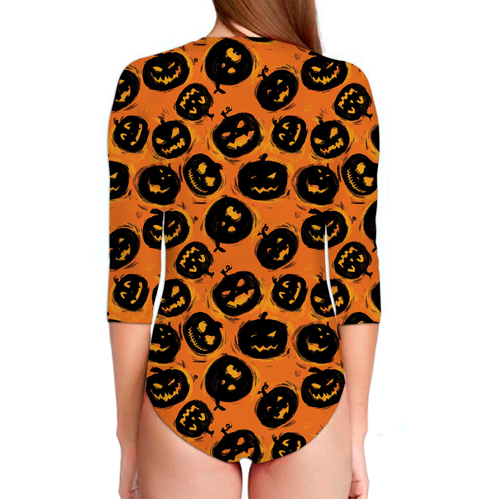 Black Halloween Pumpkin Pattern Print Long Sleeve Swimsuit