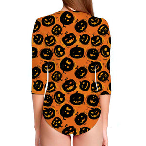 Black Halloween Pumpkin Pattern Print Long Sleeve Swimsuit