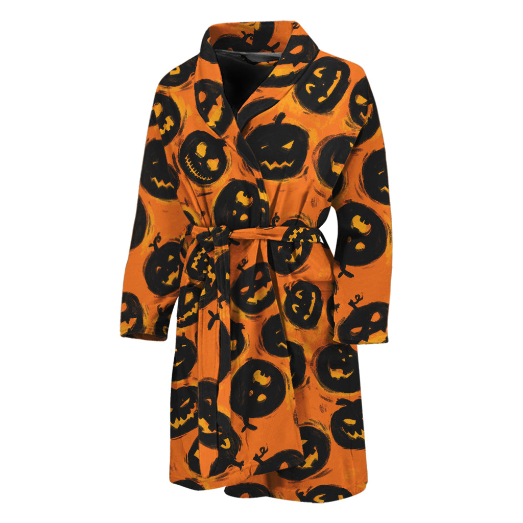 Black Halloween Pumpkin Pattern Print Men's Bathrobe