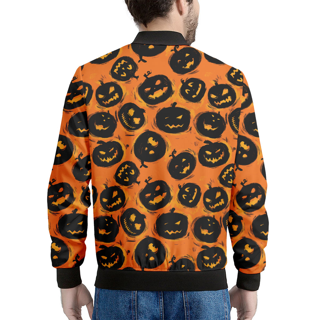 Black Halloween Pumpkin Pattern Print Men's Bomber Jacket