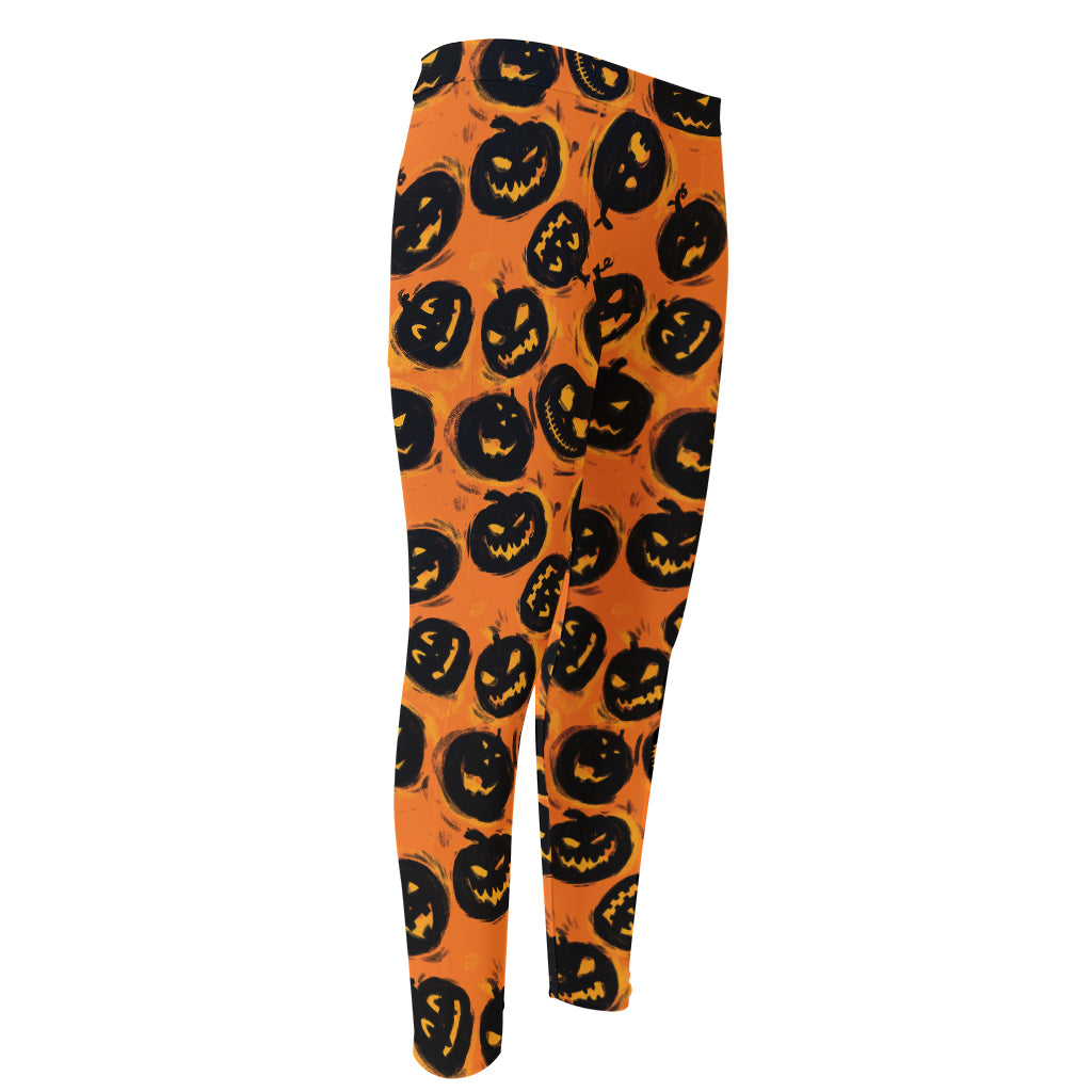 Black Halloween Pumpkin Pattern Print Men's Compression Pants