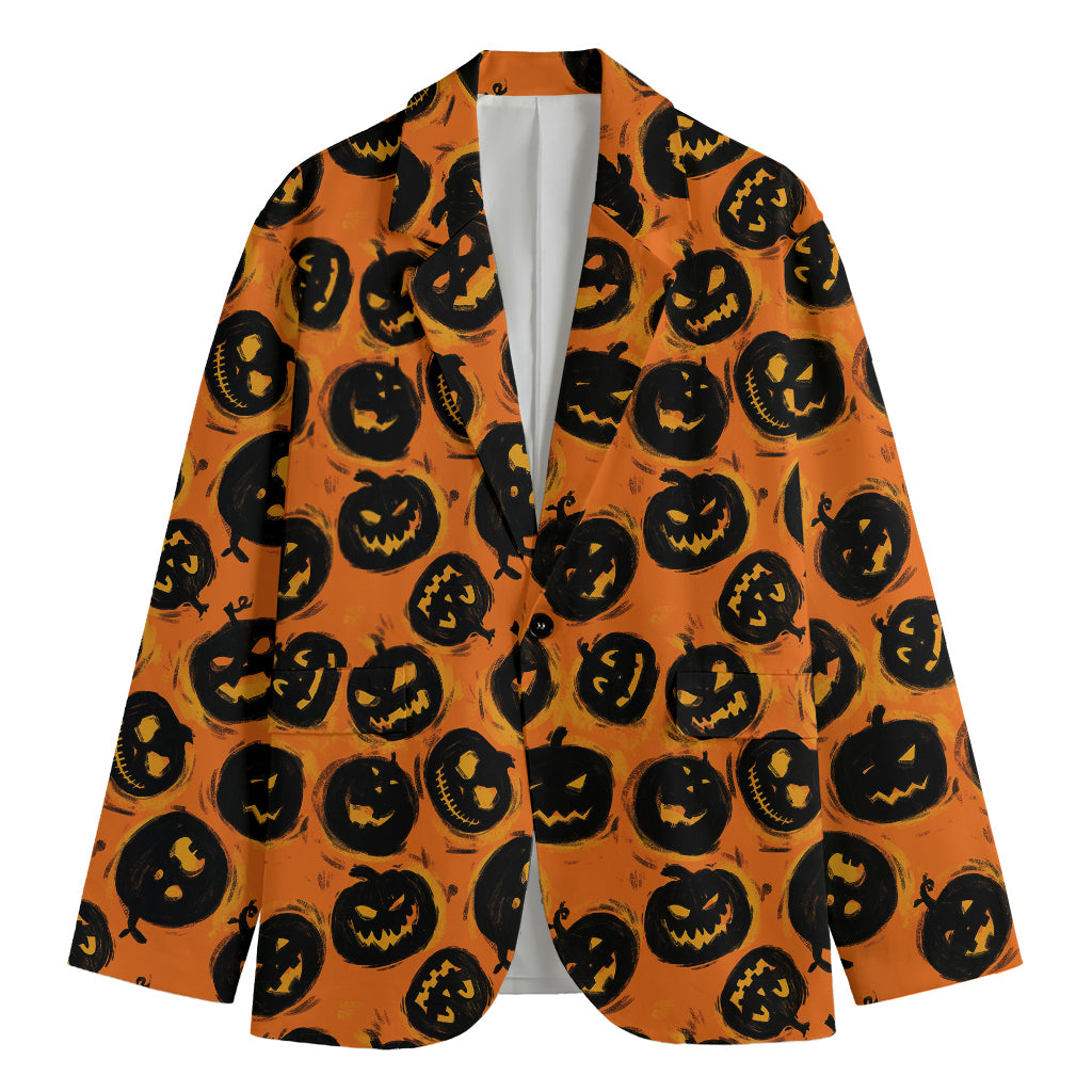 Black Halloween Pumpkin Pattern Print Men's Cotton Blazer