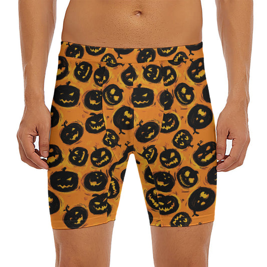 Black Halloween Pumpkin Pattern Print Men's Long Boxer Briefs