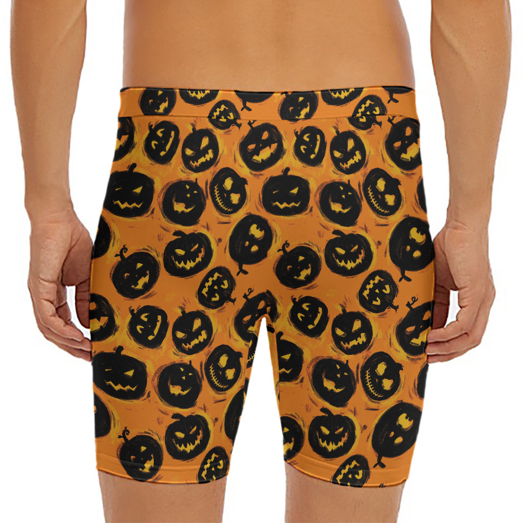 Black Halloween Pumpkin Pattern Print Men's Long Boxer Briefs