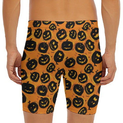 Black Halloween Pumpkin Pattern Print Men's Long Boxer Briefs