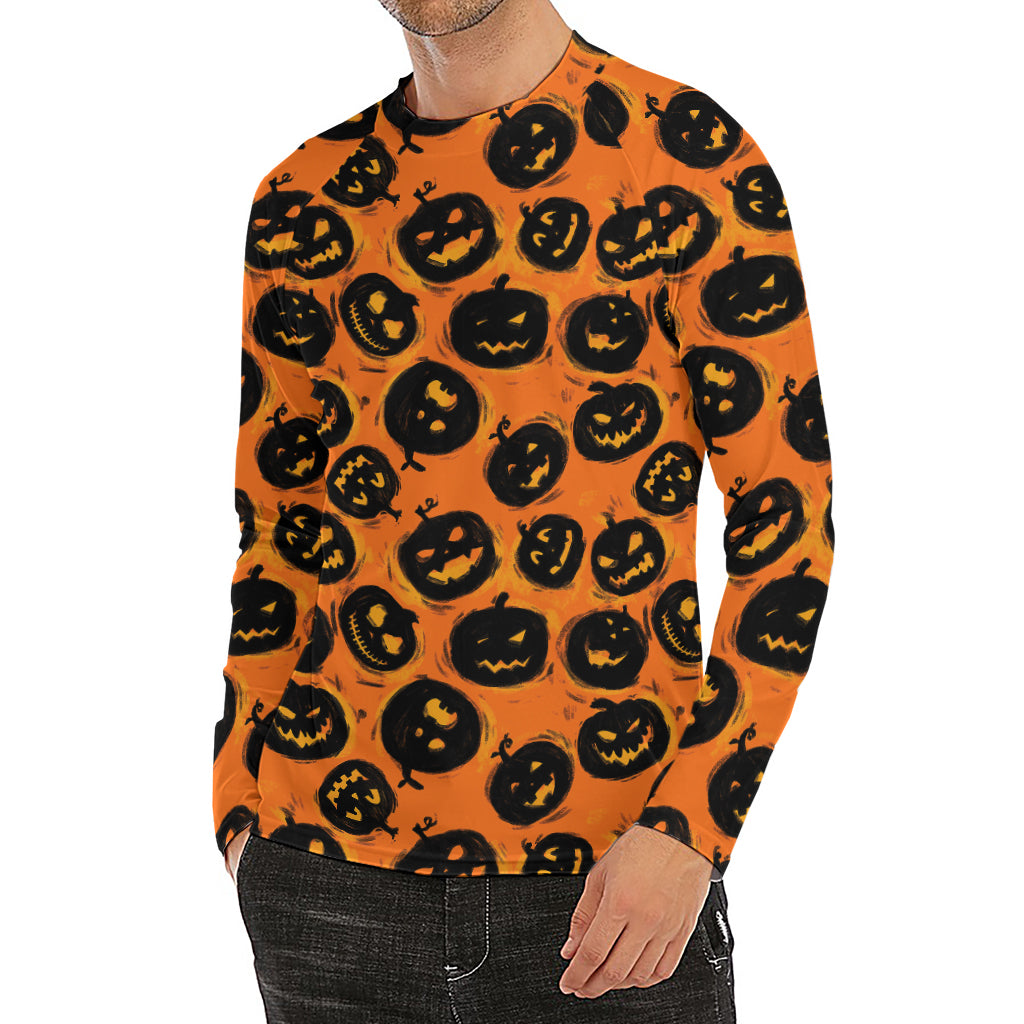 Black Halloween Pumpkin Pattern Print Men's Long Sleeve Rash Guard