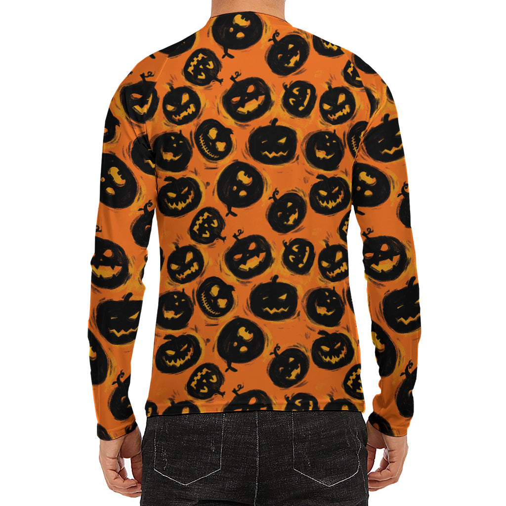 Black Halloween Pumpkin Pattern Print Men's Long Sleeve Rash Guard