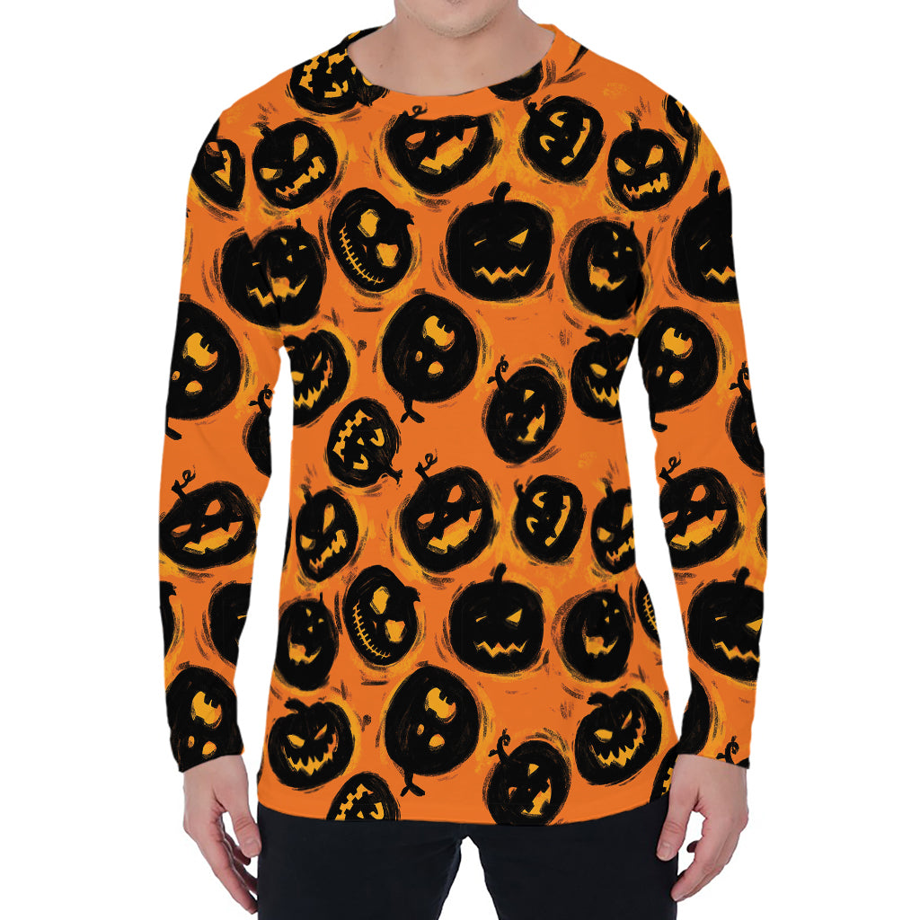 Black Halloween Pumpkin Pattern Print Men's Long Sleeve T-Shirt