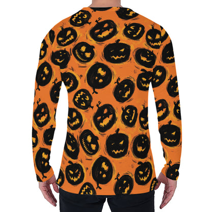 Black Halloween Pumpkin Pattern Print Men's Long Sleeve T-Shirt