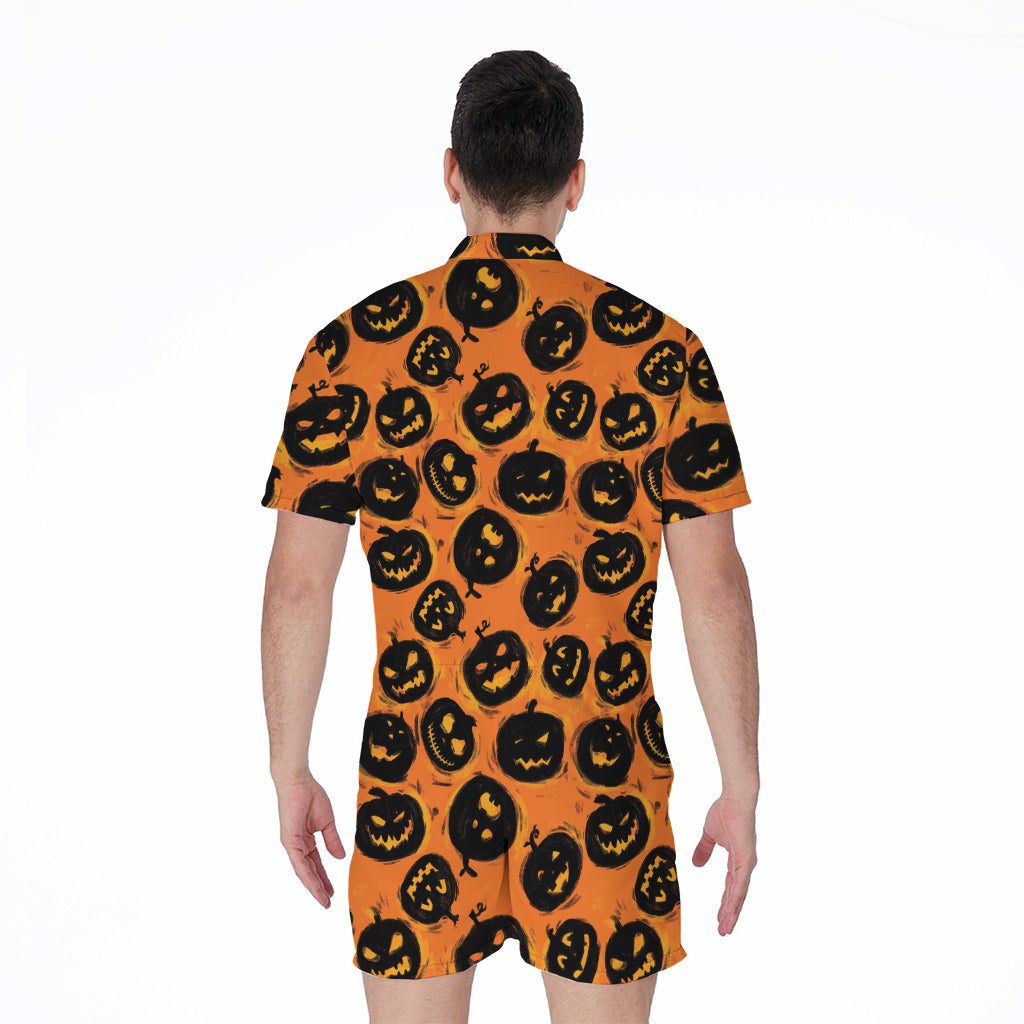Black Halloween Pumpkin Pattern Print Men's Rompers