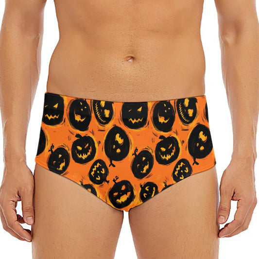 Black Halloween Pumpkin Pattern Print Men's Triangle Swim Briefs