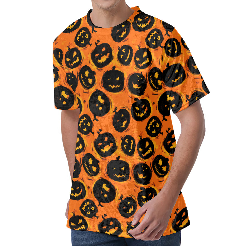 Black Halloween Pumpkin Pattern Print Men's Velvet T-Shirt