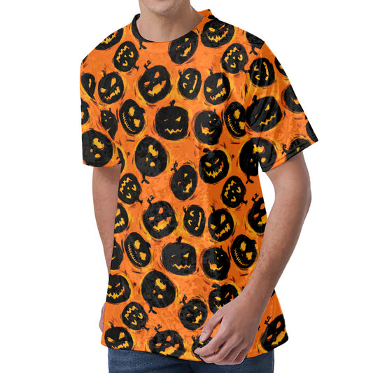 Black Halloween Pumpkin Pattern Print Men's Velvet T-Shirt