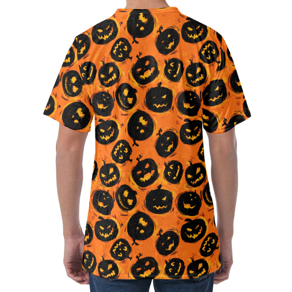Black Halloween Pumpkin Pattern Print Men's Velvet T-Shirt