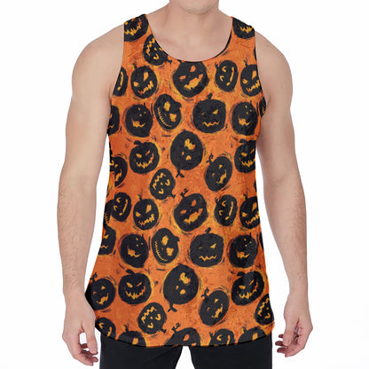 Black Halloween Pumpkin Pattern Print Men's Velvet Tank Top