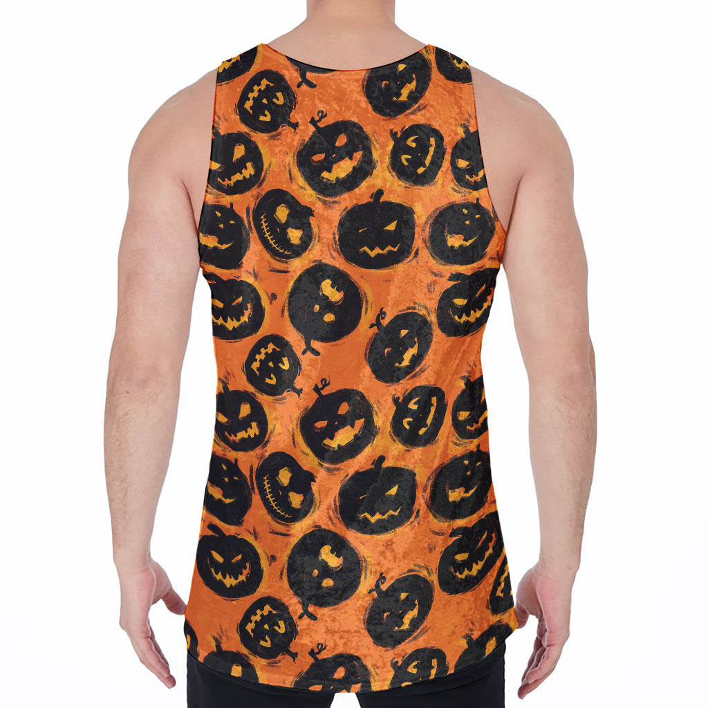 Black Halloween Pumpkin Pattern Print Men's Velvet Tank Top