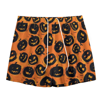 Black Halloween Pumpkin Pattern Print Mesh Shorts
