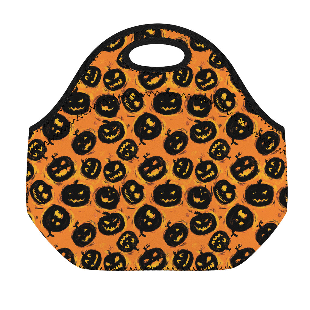 Black Halloween Pumpkin Pattern Print Neoprene Lunch Bag