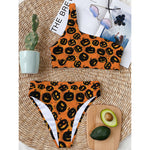 Black Halloween Pumpkin Pattern Print One Shoulder Bikini Top
