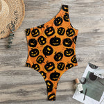 Black Halloween Pumpkin Pattern Print One Shoulder Bodysuit