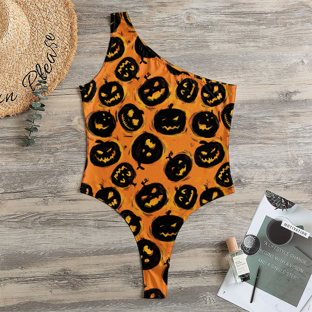 Black Halloween Pumpkin Pattern Print One Shoulder Bodysuit