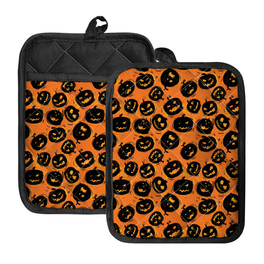 Black Halloween Pumpkin Pattern Print Pot Holders With Pocket