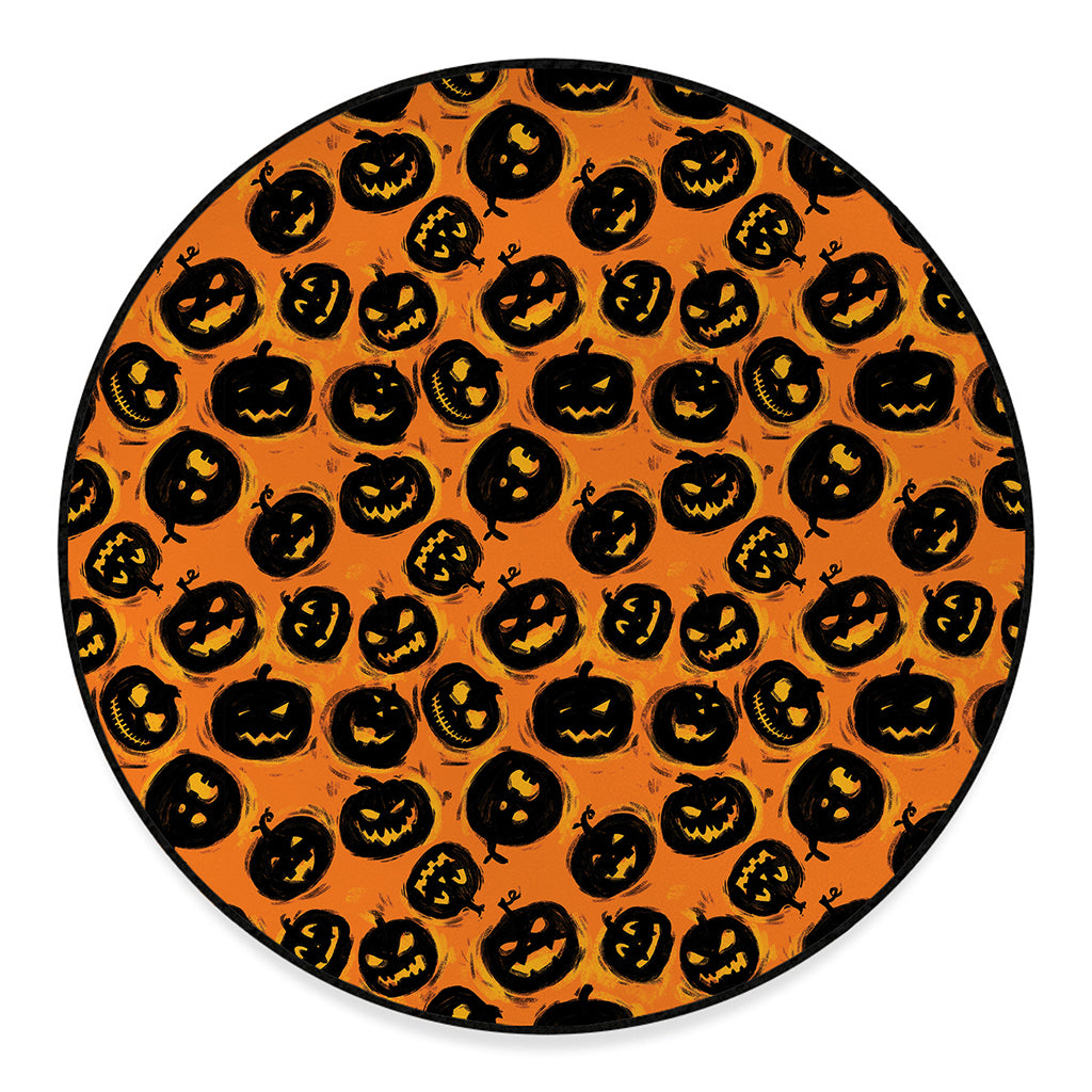 Black Halloween Pumpkin Pattern Print Round Floor Mat